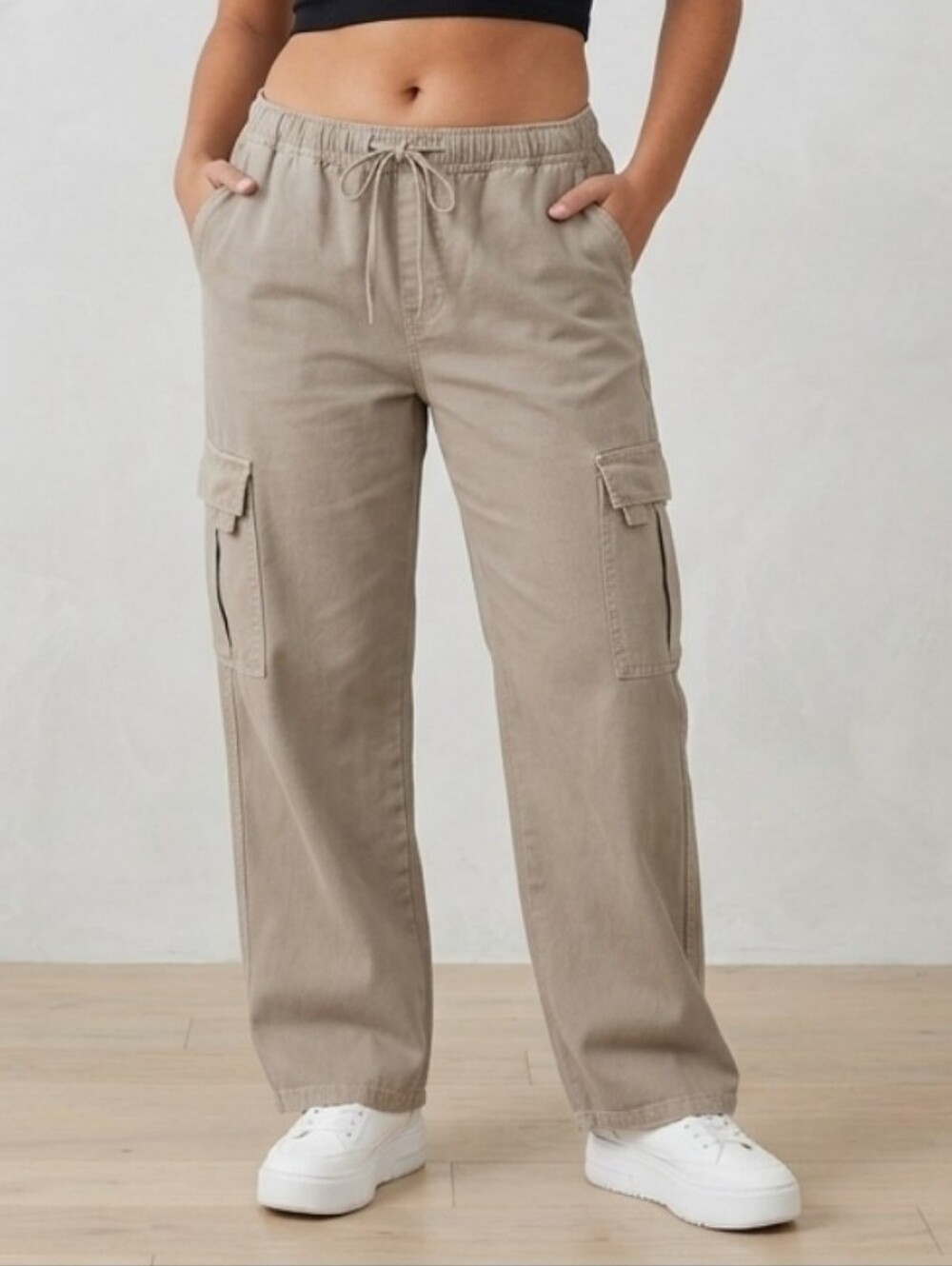 ZARA Cargo Denim Straight Leg Pants In Taupe / Beige